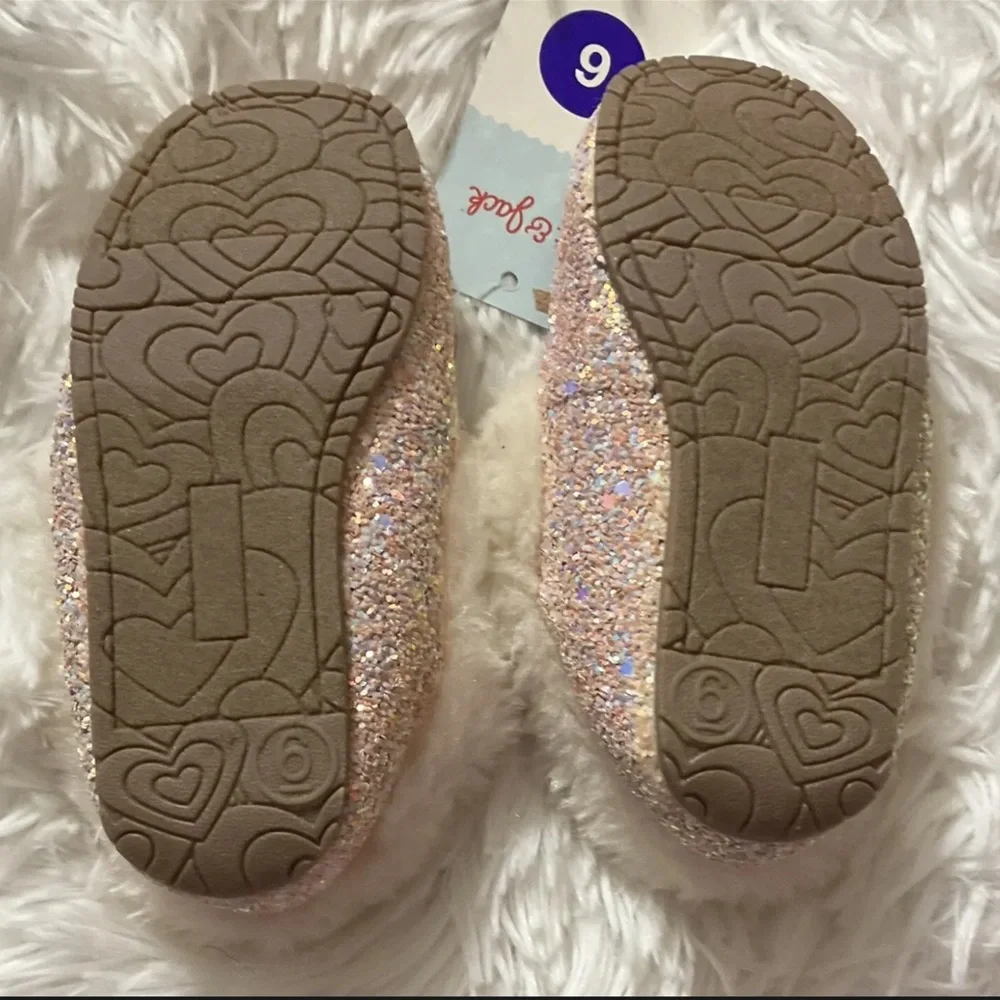 Toddler Girls Cat & Jack Moccasin Pink Glitter Faux Fur Lined Slipper size 6
